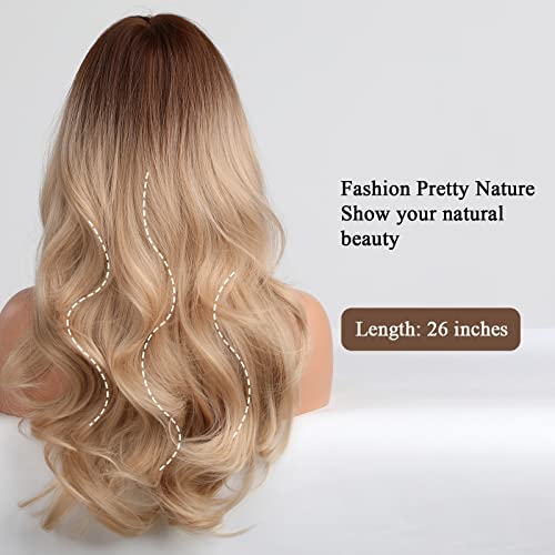 HAIRCUBE Long Blonde Wigs for Women Wave Curly Wig with Bangs Natural Brown Roots Synthetic Wigs for Daily Use Cosplay