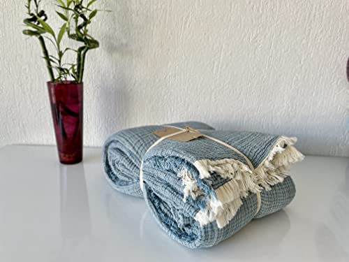 100% Cotton Muslin Blanket, 4 Layers Bedspread, Soft Turkish Cotton Muslin Bed Cover, Reversible Coverlet, Indigo Blue (King Size 95X102-230X260Cm) #TOP2