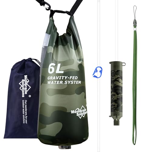 Membrane Solutions Gravity Water Filter Pro 6L NSF/ANSI 42&372&401 Certified 0.1 m Versatile Water Purifier Camping with Adjustable Tree Strap Storage Bag Survival Gear for Emergency(Camo)
