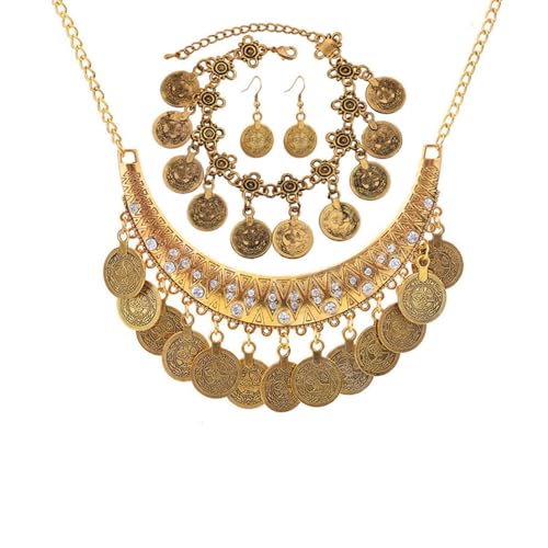 3Pcs Bohemian Coin Jewelry Set Vintage Disc Pendant Necklace Ethnic
