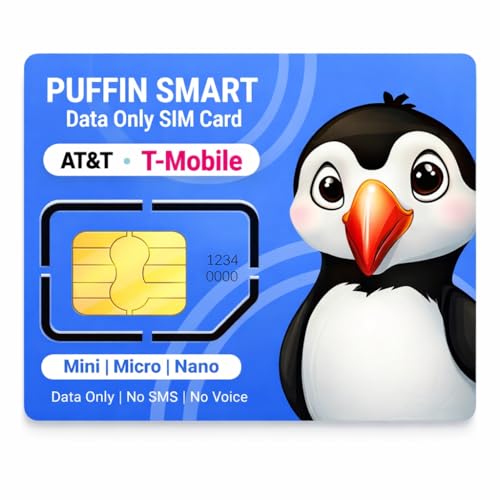 Puffin Smart 4G 5G LTE Data Only SIM Card - Reliable Connectivity for Security Cameras, Travel Hotspots and Dashcams - Works on AT&T and T-Mobile Networks