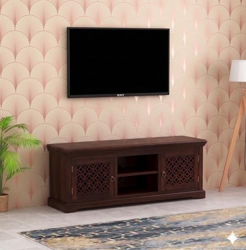 Image of Sheesham Wood Multipurpose Entertainment TV Unit Cabinet with Shelf Storage for Home Living Room Solid Wooden Furniture for Office Decor-Walnut