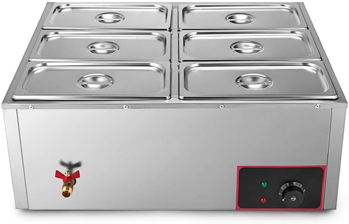 Commercial 7L Countertop Food Warmer with Tap - 110V Stainless Steel Electric Food Soup Dish Buffet Set Container - Chafing Dish Full Steamer for Party Wedding Banquet (6 Grids Serving Section)