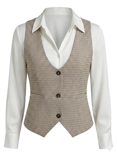 ELLEVEN Vest Tops for Women Business Casual Outfits Plaid Houndstooth Work Office Lightweight Trandy Vest Old Money Vintage Pinstripe Dressy Suit Dark Academia Cloth Brown Plaid Medium