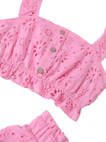 Image of Girls Vacation Outfits Summer 2 Piece Eyelet Ruffle Crop Tank Top with Short Set Pink 9-10 Years