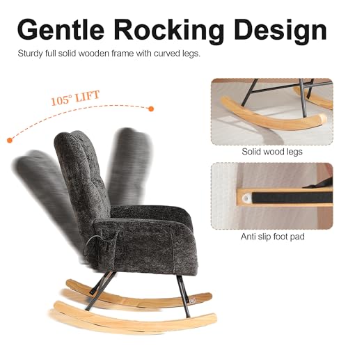 Image of Rocking Chair Nursery with Airbag, Comfy Modern Nursery Rocking Reading Chair Indoor, Cozy Upholstered Glider Rocker Chairs with High Backrest for Living Room Bedroom Offices(Chenille, Black)