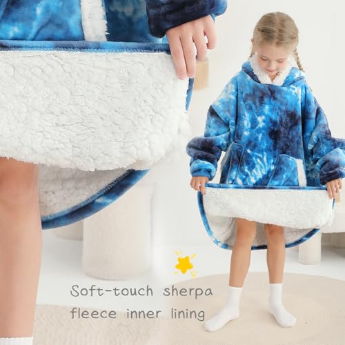 Kipswiza Blanket Hoodie for Kids Oversized Wearable Blanket, Super Soft Warm Sherpa Fleece Blankets Sweatshirt for Girls Boys Children - Blue Tie Dye