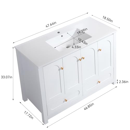 LUMISOL 48\" Bathroom Vanity with Sink, Modern Single Bathroom Vanity with 4 Doors & 2 Drawers, Freestanding White Bathroom Cabinet 48\" with Ceramic Sink, White
