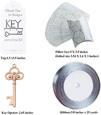 Makhry 50pcs Wedding Favor Souvenir Pillow Candy Box Gift Set Vintage Skeleton Key Bottle Openers Escort Gift Card Thank You Tag French Ribbon (Rose Gold)