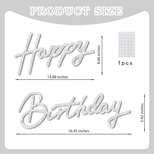 Image of TONIFUL Happy Birthday Sign for Backdrop - Glitter Silver Felt Banner - Includes Dot Glue - Perfect for Birthday Party Backdrop,Wall Decor,Balloon Arch,Photo Background