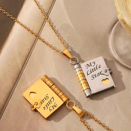 My Little Star Book Necklace,My Incredible Daughter Book Necklace,18k Gold Plated Openable Pendant with 6 Pages of Engraved Information,Openable Multi Layer Jewelry2