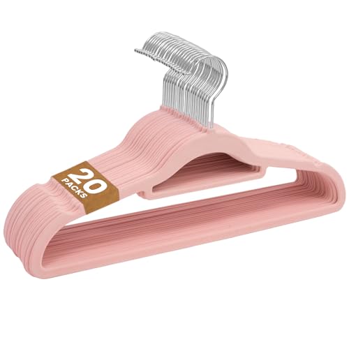 Sasha Morel 20 Pack Velvet Coat Hangers Non Slip Velvet Hangers for Clothes Space Saving Adult Hangers with Tie Organizer & Swivel Hooks Clothes Hangers Wardrobe Storage - Pink