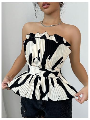 SweatyRocks Women's Ruffle Sleeveless Blouse Color Block Tube Tops Strapless Pleated Tops3