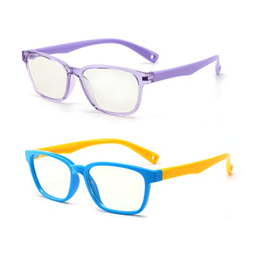 Image of Kids Blue Light Blocking Glasses 2 Pack, Anti Eyestrain & UV Protection, Computer Gaming TV Phone Glasses for Boys Girls Age 3-9 (Blue Yellow+ Transparent Purple)