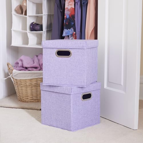 Image of Household Essentials 814-1 Cafe Cube Bin Storage Set with Lids and Handles | 2 Pack, Purple Linen