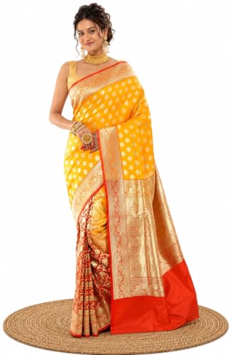 Trending Bridal Banarasi Pure Silk Saree for Women with bp(Yellow & Red)
