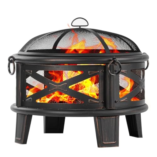 26 Inch Wood Burning Fire Pit with Cooking Grill and Spark Screen, Outdoor Metal Round Firepit for Patio, Backyard, Bonfire Party, Camping