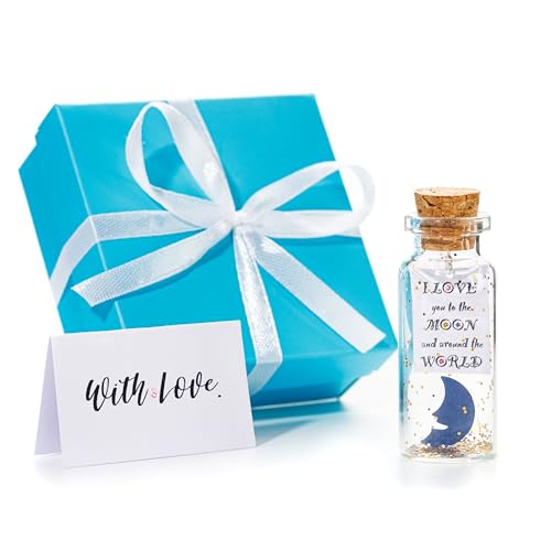 Kseniya Revta - Tarro decorativo romántico con texto en inglés 'I Love You to the Moon and Back', bonito regalo de aniversario para novio, novia, marido, esposa (con caja de colores azul azules)