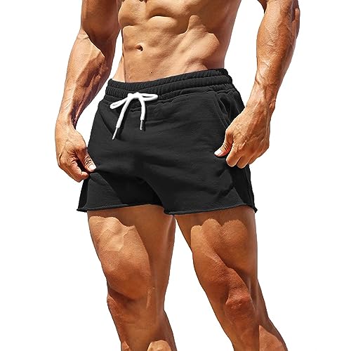 GYMAPE Men's Gym Sport Bodybuilding Workout Casual Shorts with Pockets 3 inch Inseam Raw Hem Terry Cotton