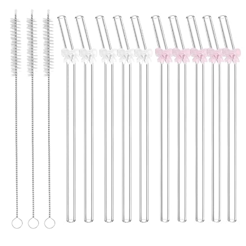 10 Pcs Glass Straws with Charms and 3 Pcs Straw Cleaners Cute Reusable Clear Straw with a Bow Bow Straws and Practical Cleaning Brush Applicable to Families Friends Parties