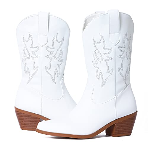 Tscoyuki Women's Embroidery White Cowboy Mid Calf Boots, Low Chunky Heel Cowgirl Wedding Western Ankle Booties With Pull-Up Tabs #TOP9
