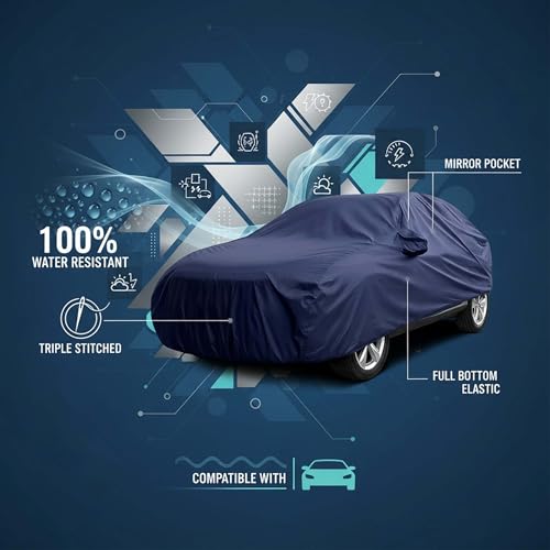 Image of Sulfar 100% Water Resistant Car Body Cover Compatible with Mirror for CITROEN Basalt (Triple Stitched, Full Bottom Elastic, Navy Blue)