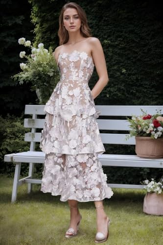 3D Floral Embroidery Prom Dresses Strapless Tiered Ruffle Formal Cocktail Party Gown2