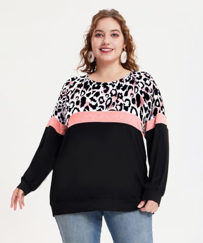 Image of TIYOMI Plus Size Tops for Women Raglan Long Sleeve V Neck T Shirts Casual Color Block Leopard /Floral Tops Winter Tee Shirt