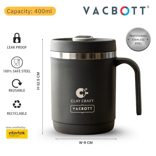 Image of CLAY CRAFT VACBOTT Dyona 400ML (Dark Blue)Premium Stainless Steel Puf-Insulated Flask Mug|304 Food Grade Steel| Long Hrs Hot & Cold|Airtight, BPA-Free, Leak-Proof Travel Mug with Handle| Made in India