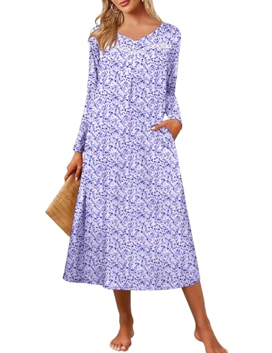 Ekouaer Long Sleeve Nightgown for Women Sleepwear Long Sleepshirts with Pockets Plus Size Loungewear Floral Purple,M