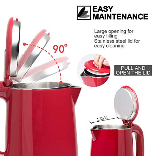 Secura Stainless Steel Double Wall Electric Kettle Water Heater for Tea Coffee w/Auto Shut-Off and Boil-Dry Protection, 1.0L (Red) SWK-1001DR/HB-K012