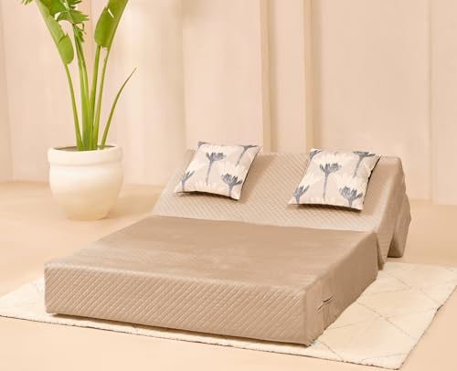 Image of uberlyfe Xtra High, Xtra Soft 2 Seater (4' x 6') Sofa Cum Bed | 1 Year Warranty | 17 inch Sofa Height |Twin Size Foldable Bed | Plush Laser Quilted Fabric |2 Cushions Bloom Pattern | Champagne Beige Color