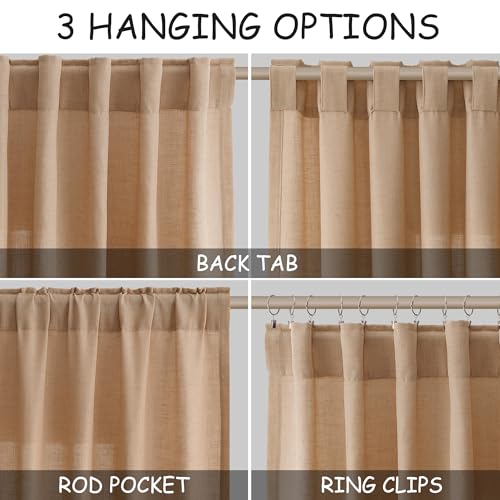 Image of Camel Linen Curtains 84 Inches Long for Bedroom Back Tab Light Filtering Privacy Semi Sheer Curtains Modern Farmhouse Decor Camel Cotton Elegant Curtain for Living Room 2 Panels Set 52x84 Inch