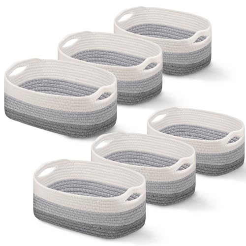 Image of Sawysine 6 Pcs Storage Baskets Bulk for Organizing Cotton Rope Woven Basket with Handles for Gift Cloth Shelves Blanket Toys Living Room(Gray and White)