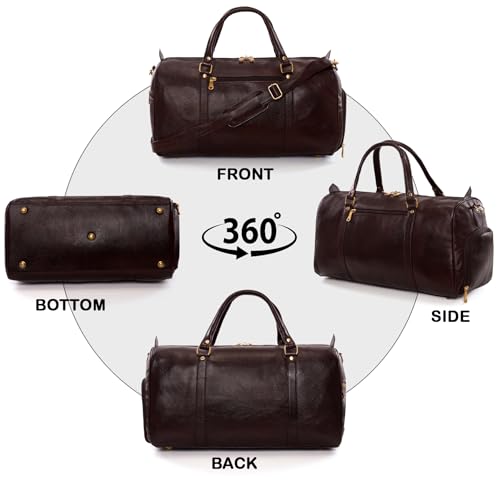 Image of HYATT Leather Accessories Weekender Travel Duffle Bag with Separate Shoe /Laundry Compartment for Men & Women Made of Natural Dry-Milled Leather (Brown)