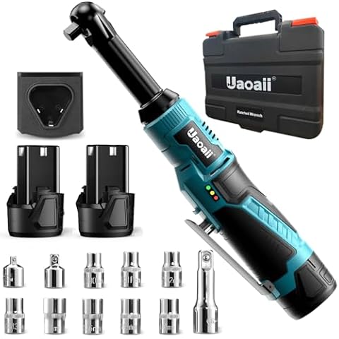 Uaoaii 3/8" Extended Electric Ratchet Wrench Set 4 in, 40ft-Lbs Battery Cordless Ratchet Wrench w/ 2X 2.0 Ah Battery, 1 Hour Fast Charger, 11 Sockets Accessories & Variable Speed Trigger Cover