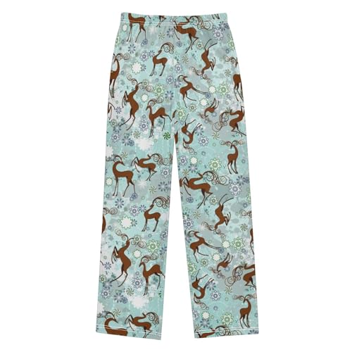 ZZXXB Reindeer Flowers Pattern Boys Long Pants Soft Trousers Elastic Waist Kids Lounge Bottoms with Pockets S-XL