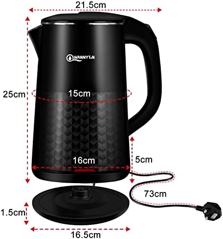 WANNYTON Stainless Steel Electric Kettle, Black Kettle Fast Boil Kettle Electric Cordless Water Boiler, Tea Kettle, Double Wall Design, Auto Shut-Off, Boil Dry Protection, BPA Free, 1.8 Litres, 1800W