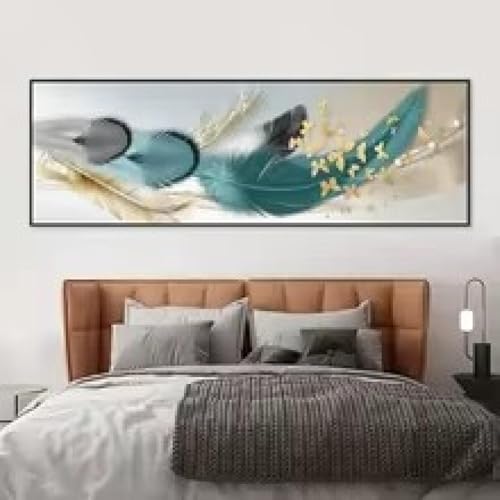 Toile plumes dorées et vertes pour une décoration de salon élégante