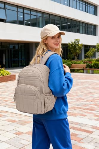Image of Bookbag for Women, Teen Girls Backpack for High School College Student, Puffer Quilted Back Pack Cute Laptop Backpack for Work Travel Mom Casual Daypack, Camel