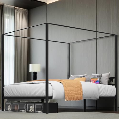 YITAHOME King Size Canopy Bed, Four Poster Platform Bed with Metal Slats Support, Metal Bed Frame with USB Charging Station, 12.4 inch Underbed Storage, No Box Spring Needed, Black USB Port