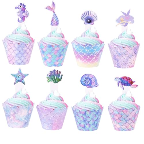 Weenwill Decoraciones para Tartas de Sirena,48 PCS Adornos para Cupcakes de Sirena y...