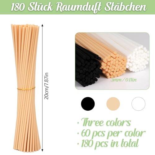 180 Stück Rattanstäbchen für Raumduft, 20cm x 3mm Duftstäbchen Nachfüller, Aroma Diffuser Stäbchen für Ätherische Öle im Home Office Hotel Spa Aropatherapie (3 Farben)