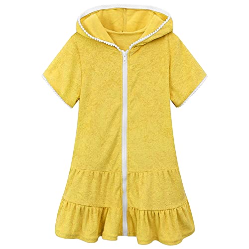 Girls Swim Cover Up Kids Toddler Terry Swimsuit Coverup Beach Pool Swimwear Short Sleeve Hooded Ruffle Dress2