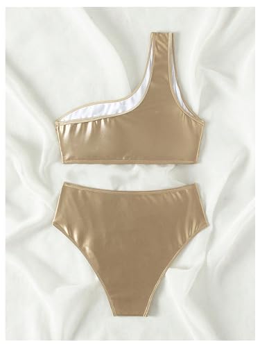 SweatyRocks Women's One Shoulder Wireless Bikini Set Ruched High Rise 2 Piece Swimsuit Beachwear4