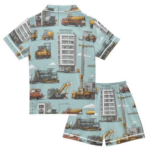 Satin Pajama Sets Short Sleeve Construction Vehicles and Buildings Button Down Silky Nightwear 2 Piece PJS 5-14Y2