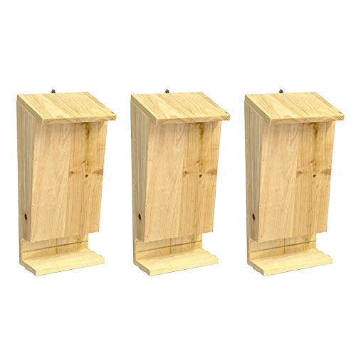 Selections Wooden Bat Box House for Roosting with Landing Perch and Grooved Interior (Pack of 3)
