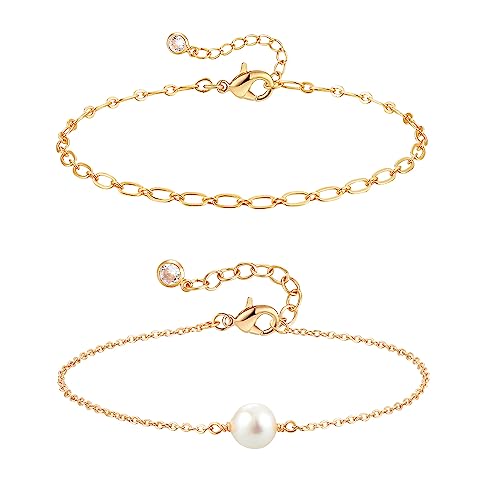 Tontmy Studios Bracelet For Women Gold Layered Set Pearl Bar 2 Layer 14K Gold Filled Simple Dainty Cable Link Chain Everyday Jewelry #TOP18