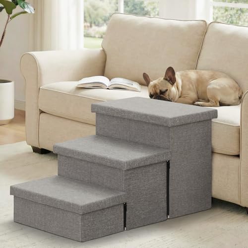 Image of Zerbuger Dog Stairs 18 inch H, 3-Step Wider Dog Steps for High Beds Couch, Folding Storage Pet Stairs Gift for Small /Medium /Large Old Dogs Cats, Ramp for Climbing Car Up to 200 lbs, (Gray, with Condo)