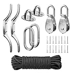 M20 Stainless Steel Washing Line Pulley System Heavy Duty Pulley Wheel Set with 20m/6mm Nylon Rope, Cleat Hooks, 360° Swivel Pulley Block for Indoor Outdoor Use